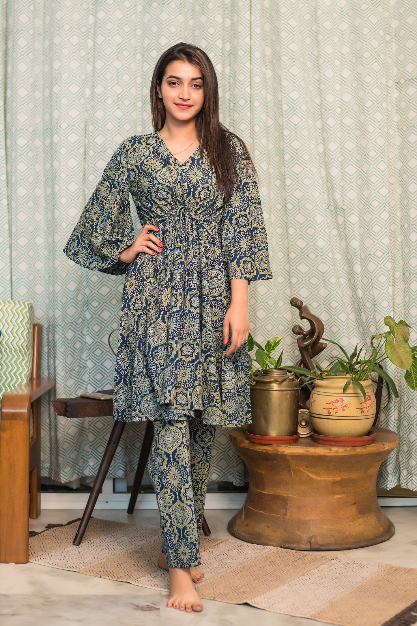 Oil Blue Ajrakh Kaftan Coord Set