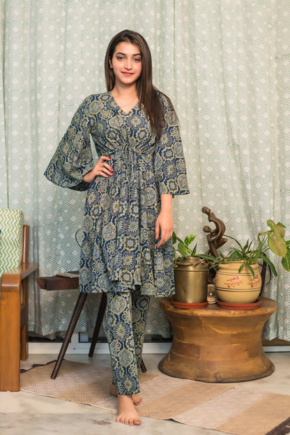 Oil Blue Ajrakh Kaftan Coord Set