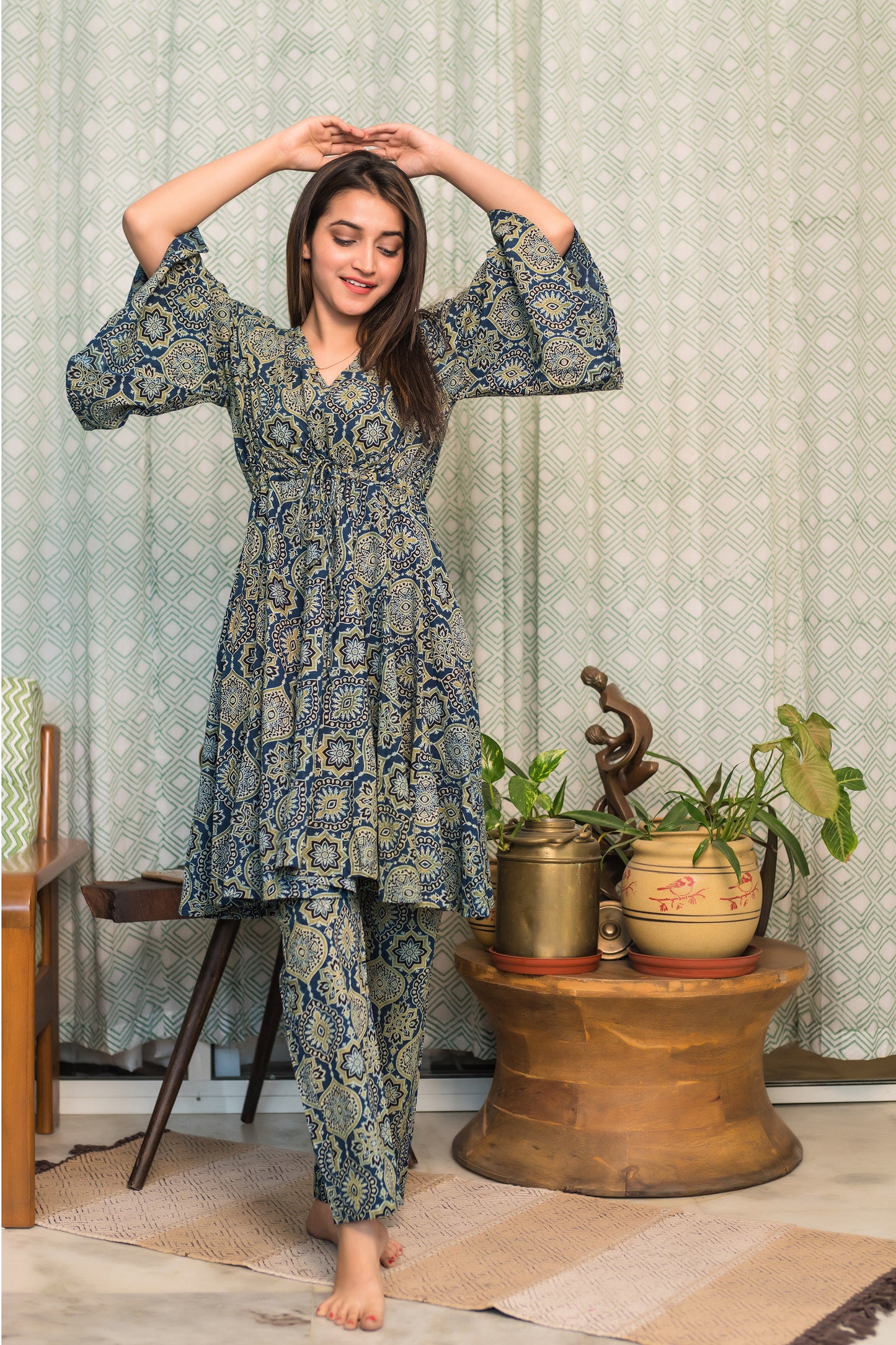 Oil Blue Ajrakh Kaftan Coord Set