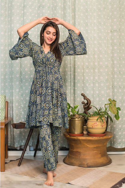 Oil Blue Ajrakh Kaftan Coord Set