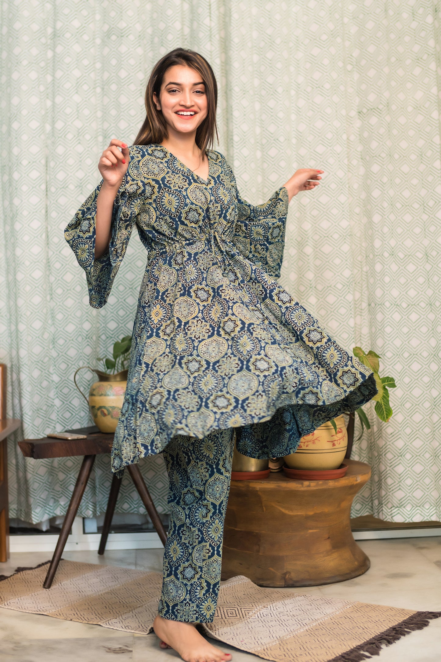 Oil Blue Ajrakh Kaftan Coord Set