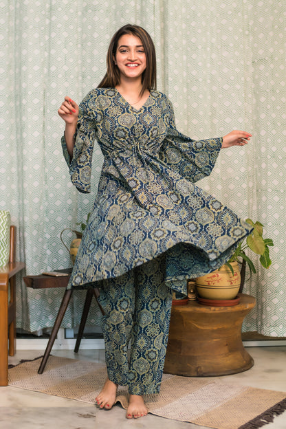 Oil Blue Ajrakh Kaftan Coord Set