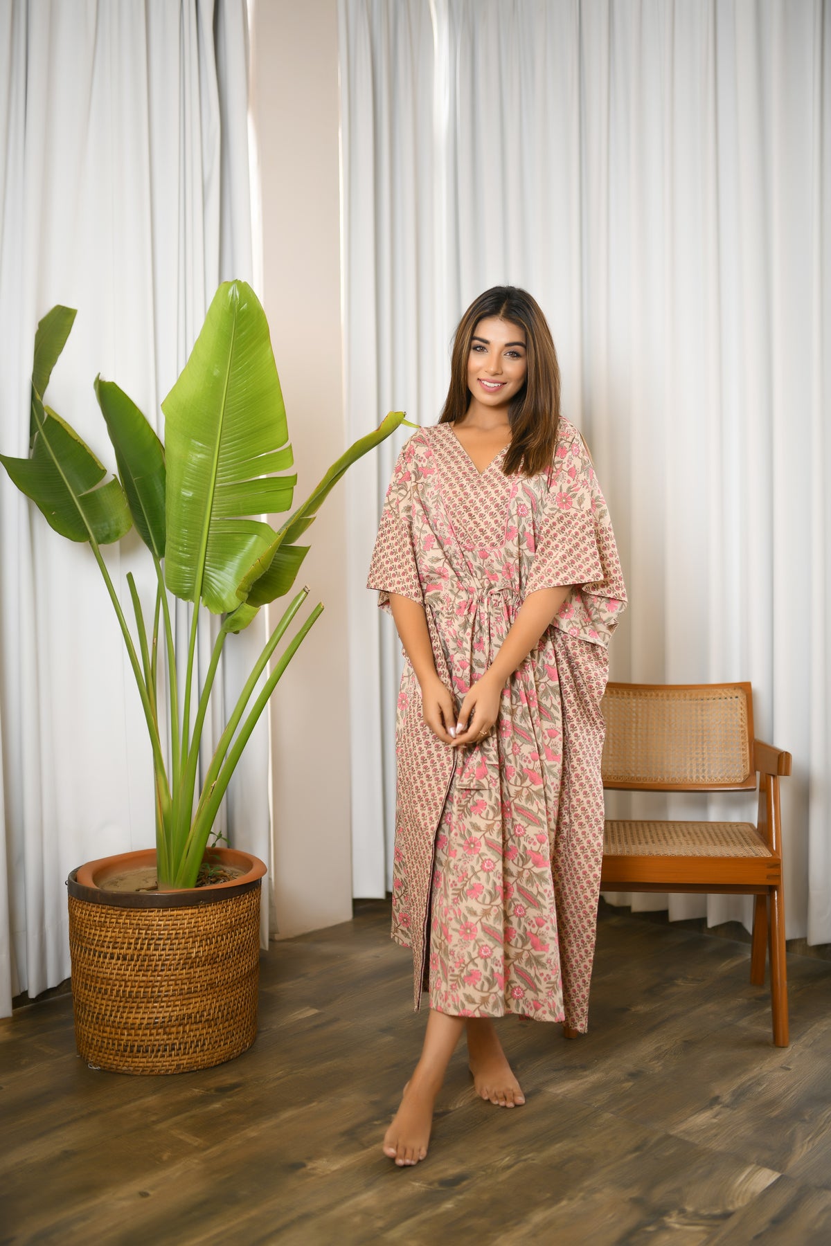Crepe Beige Cotton Kaftan Maxi